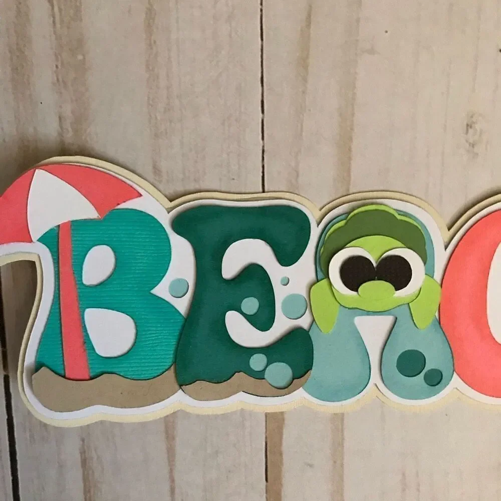 3-D Scrapbook or card title Beach with turtle umbrella Handmade acid free